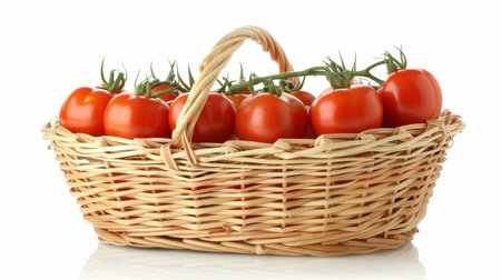 Ripe red tomatoes in basket isolated on white background with reflection, fresh organic harvest.の素材