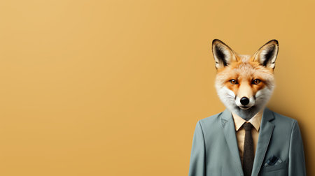 Fox in formal attire working in office, studio shot on plain wall with copy space, animal conceptの素材