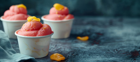 Delicious gourmet italian sorbet ice cream in paper cups with copy space, frozen dessert treatsの素材