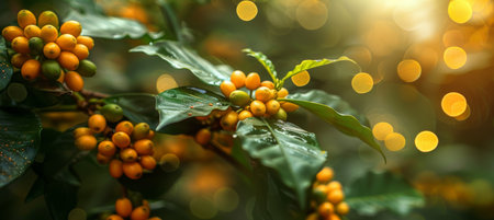 Coffee plantation abstract background in warm summer daylight with lush greenery and vibrant colors.の素材