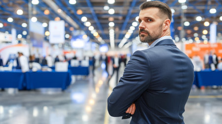 Business executives viewing exhibition with copy space, background blur for text placement