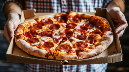 Young man holding italian pizza in cardboard box with copy space for text, casual clothesの素材