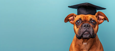 Adorable dog in graduation cap and gown on solid pastel background   copy space availableの素材