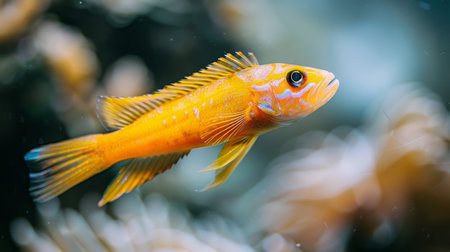 Clown goby fish among colorful corals in a captivating saltwater aquarium setting.の素材