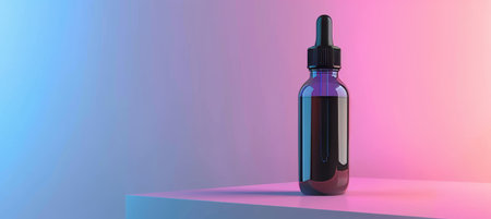 Serum dropper bottle mockup on pastel background with light, shadows, and text spaceの素材