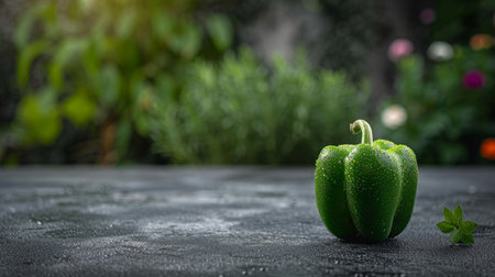 Fresh green bell peppers with water drops, vegetables background for culinary conceptsの素材