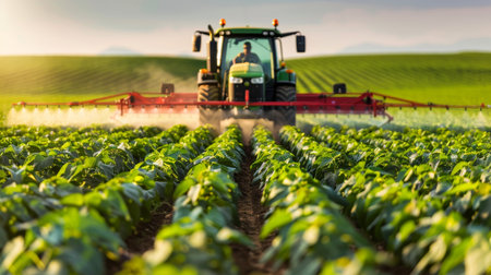 Agricultural tractor spraying pesticides on a lush soybean field during the farming seasonの素材