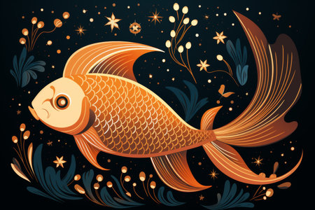 Golden pisces zodiac sign shining on black background in vector style illustrationの素材