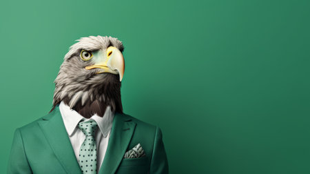 Eagle in business attire, simulating corporate setting, studio shot with space for text placement.の素材