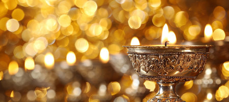 Passover candles being lit, flickering flames, warm glow, copy space for text placementの素材