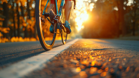 Close up of cyclist s powerful legs pumping in road race, demonstrating athleticism and strengthの素材