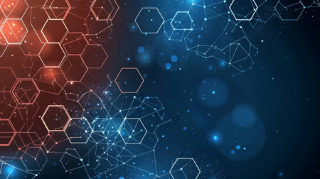 Neon hexagons pattern on dark backdrop, ideal for modern design projects and creative concepts.の素材