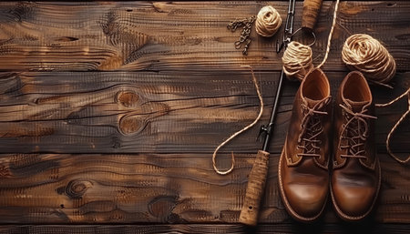 Fishing equipment and gear displayed on wooden background with copy space for text placementの素材