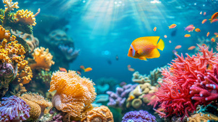 Flame angelfish among vibrant corals in saltwater aquarium, creating a captivating underwater scene.の素材