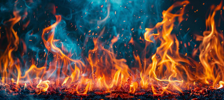 Abstract glittering fire embers and sparks on black background, dark fiery particle lightsの素材