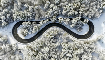 Aerial view of curved road in winter white forest, showcasing scenic beauty and serene atmosphere.の素材