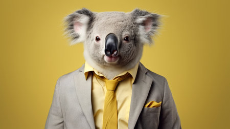 Anthropomorphic koala in business attire, working in corporate setting, studio shot with text space.の素材