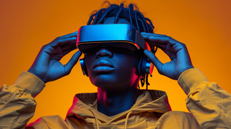 Innovative young man wearing high tech glasses and headphones against vibrant backdropの素材