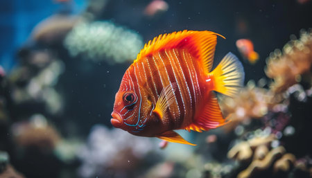Elegant flame angelfish among vibrant corals in a mesmerizing saltwater aquarium setting.の素材