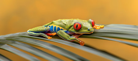 Vibrant red eyed amazon tree frog perched on palm leaf with copy space for text placementの素材