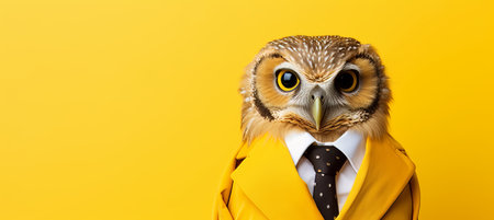 Friendly owl in business suit working in corporate office, studio shot on plain wall with copy spaceの素材