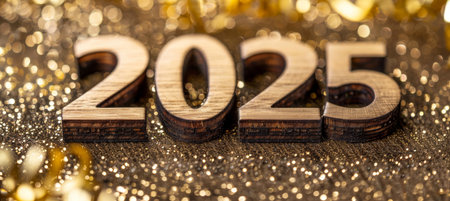Number 2025 shape crafted from dark oiled wood on enchanting bokeh sparkles backgroundの素材