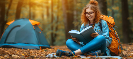 Happy young woman camping in beautiful outdoor landscape with natural lighting and text spaceの素材