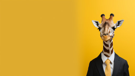 Corporate studio with anthropomorphic giraffe in formal business attire and space for text.の素材
