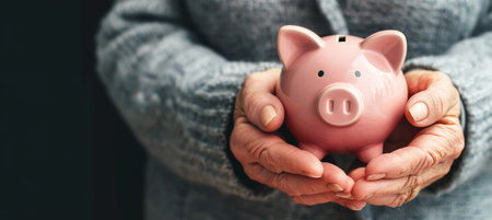 Senior couple holding pink piggy bank, symbolizing commitment to save for future and retirement.の素材