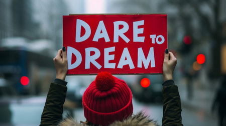 Woman holding  dare to dream  sign on abstract blurred background, motivational success concept.の素材