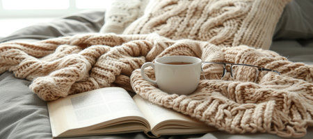 Hygge concept with beige sweater, tea or coffee mug, book, glasses on gray bed, cozy home vibes.の素材
