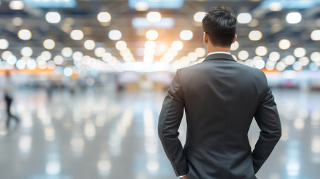 Business executives at exhibition hall, with blurred background and space for text.の素材