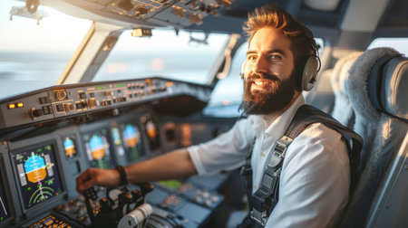 Handsome male pilot smiling in airplane cockpit, attractive aviator looking away professionallyの素材