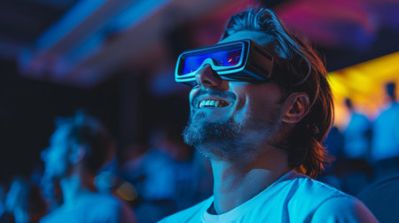 Man in movie theater wearing 3d glasses, immersed in film, surrounded by blurred crowd.の素材