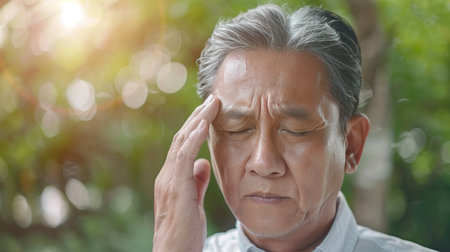 Man suffering severe headache and muscle pain after intense park exercise, indicating muscle injury.の素材