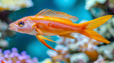 Colorful goby fish swimming among vibrant corals in saltwater aquarium environmentの素材