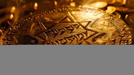 Close up of passover plate inscriptions and symbols showcasing significance in macro photographyの素材