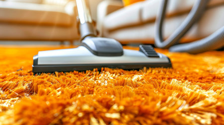 Caucasian female cleaner vacuuming rug in living room for modern apartment cleaning concept.の素材