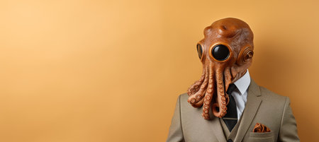 Friendly octopus wearing formal business suit in corporate workplace studio shot with copy spaceの素材