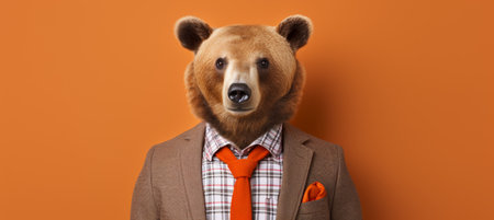 Anthropomorphic bear in business suit, corporate office setting, studio shot with text space.の素材