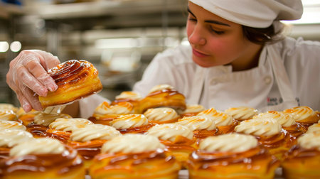 Talented female pastry chef creating sweet treats in bright bakery with space for text.の素材