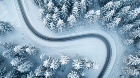 Scenic aerial view of beautiful curving road in winter white forest covered in snowの素材