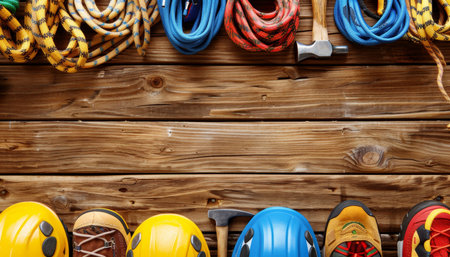 Climbing gear with helmet, hammer, carabiner, trekking shoes on wooden background, space for text.の素材