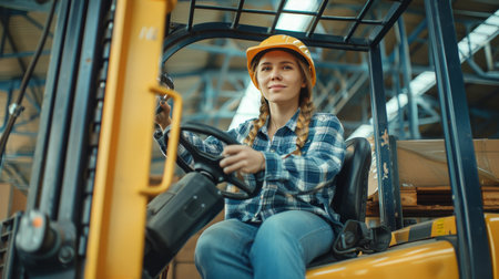 Female foreman operating forklift, engineer driving reach stacker to lift cargo at logistic terminalの素材