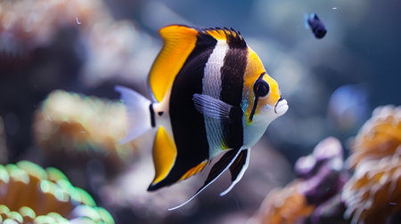 Moorish idol fish swimming among colorful corals in a saltwater aquarium environmentの素材