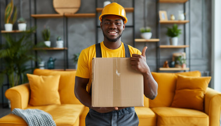 Cheerful moving service worker in overalls giving thumbs up in new house living roomの素材