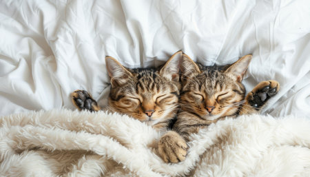 Adorable kitty cat couple sleeping and hugging on soft white fluffy bed with space for textの素材