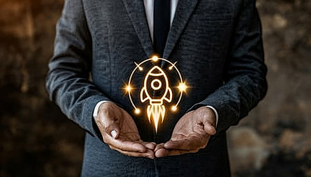 Businessman launching rocket for fast business success, startup growth concept with copy space.の素材