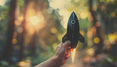 Successful businessman launching rocket for rapid growth, startup concept with copy spaceの素材