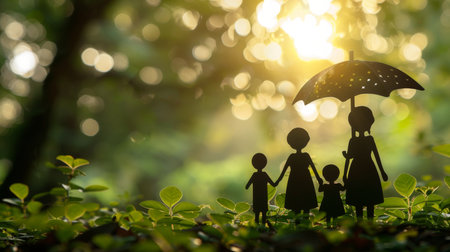 Family health insurance concept with shield, umbrella, and home model for security and health care.の素材